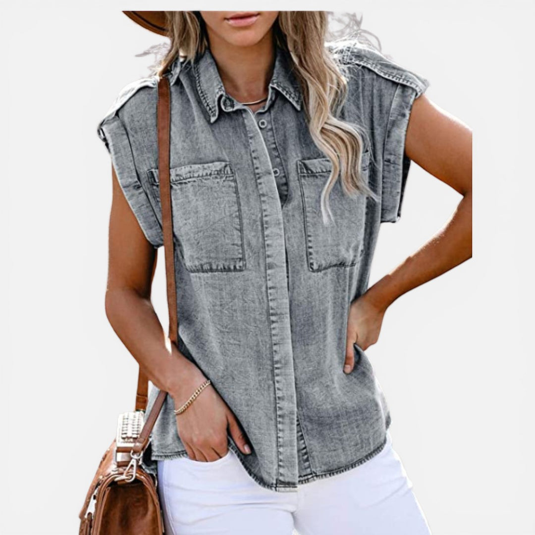Laurior | Blouse en Denim Sans Manches pour Femme avec Poches Droites