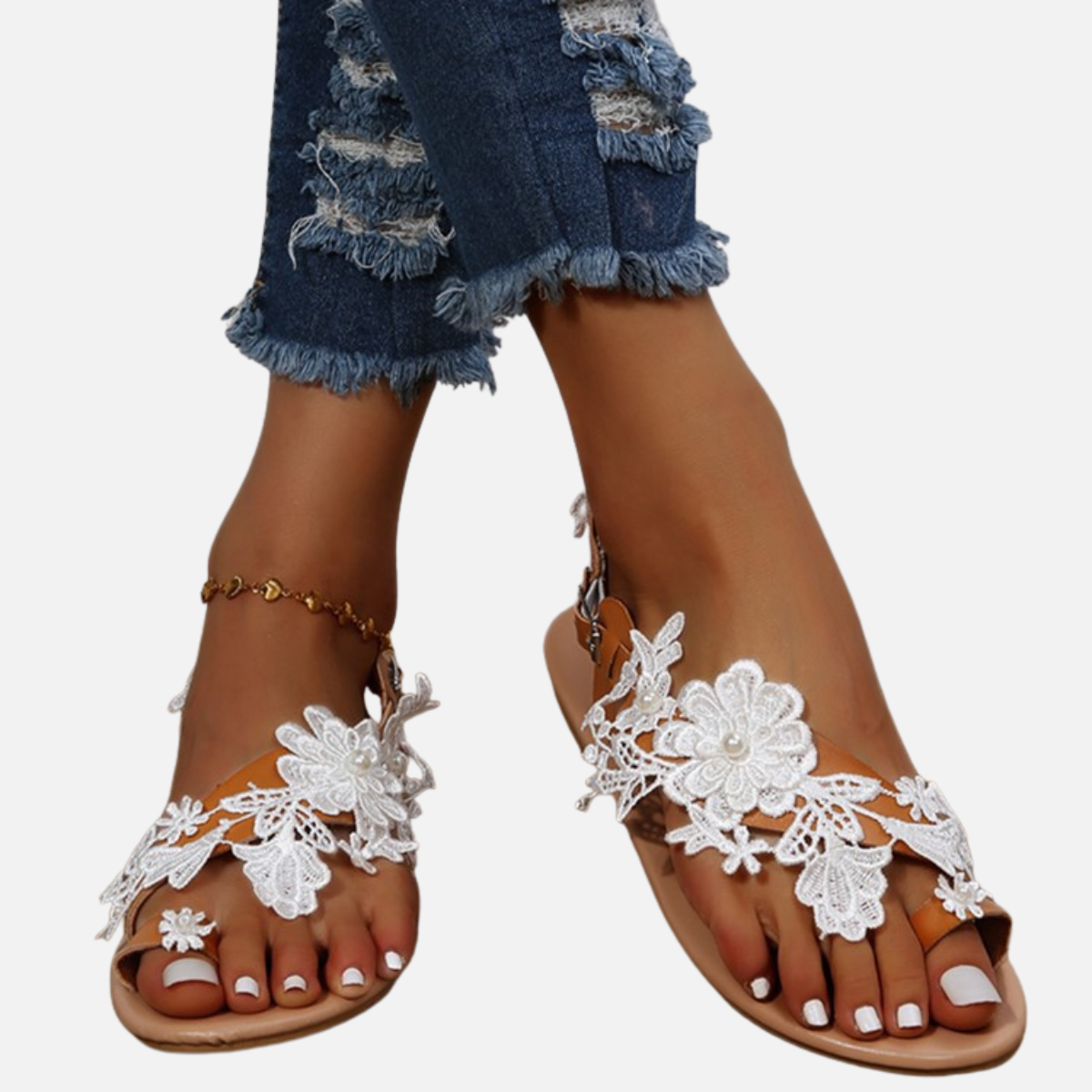 Laurior | Sandales Plates Confortables en Dentelle pour Femme