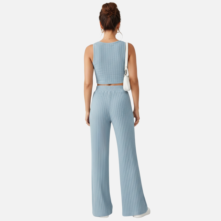 Laurior | Ensemble gilet en maille et pantalon taille haute pour femme