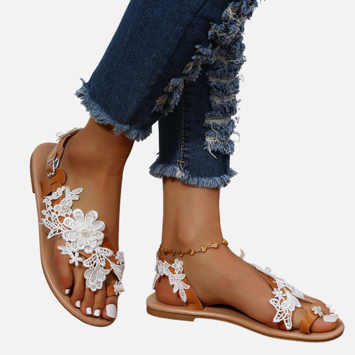 Laurior | Sandales Plates Confortables en Dentelle pour Femme