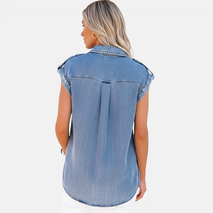 Laurior | Blouse en Denim Sans Manches pour Femme avec Poches Droites