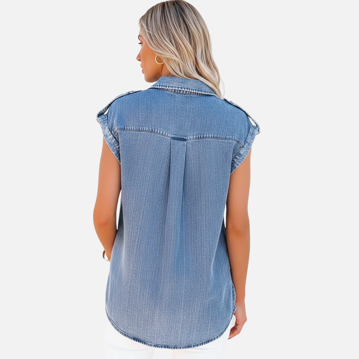 Laurior | Blouse en Denim Sans Manches pour Femme avec Poches Droites