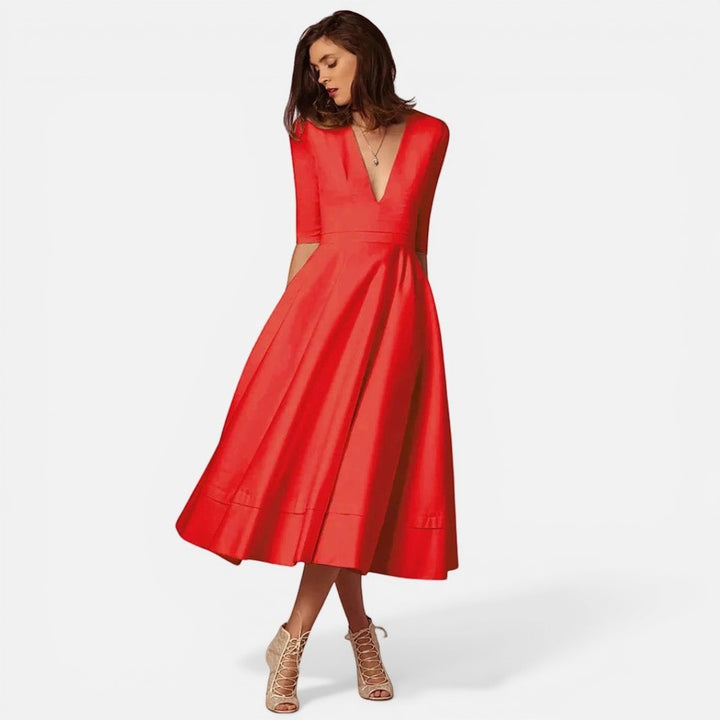 Laurior | Robe midi classique femme à col en V, légère et confortable, robe rouge élégante avec silhouette évasée.