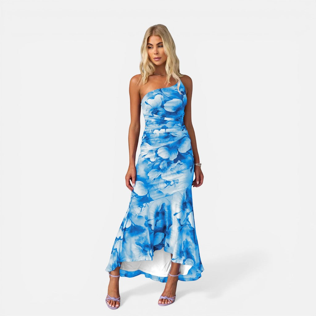 Laurior | Robe Maxi Élégante d’Été Femme à Une Épaule Coupe Ajustée avec imprimé floral bleu.