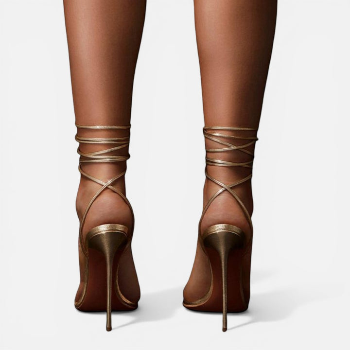 Laurior | Sandales habillées dorées à talons hauts pour femme avec bride à la cheville