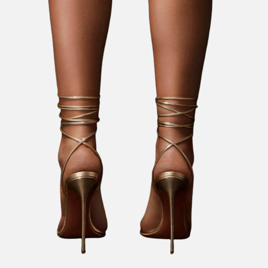 Laurior | Sandales habillées dorées à talons hauts pour femme avec bride à la cheville