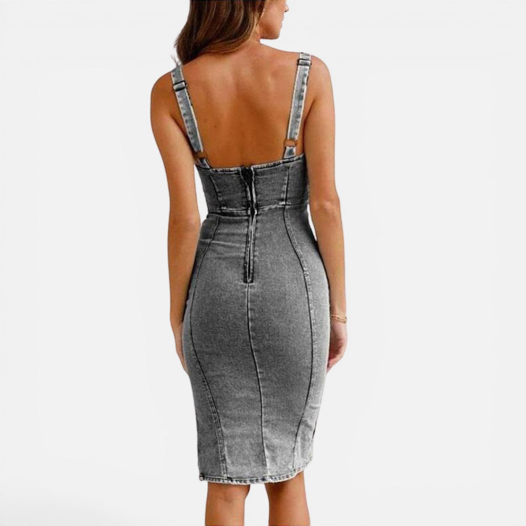 Laurior | Robe en denim pour femme, coupe slim, style décontracté, avec fente - vue arrière de la robe