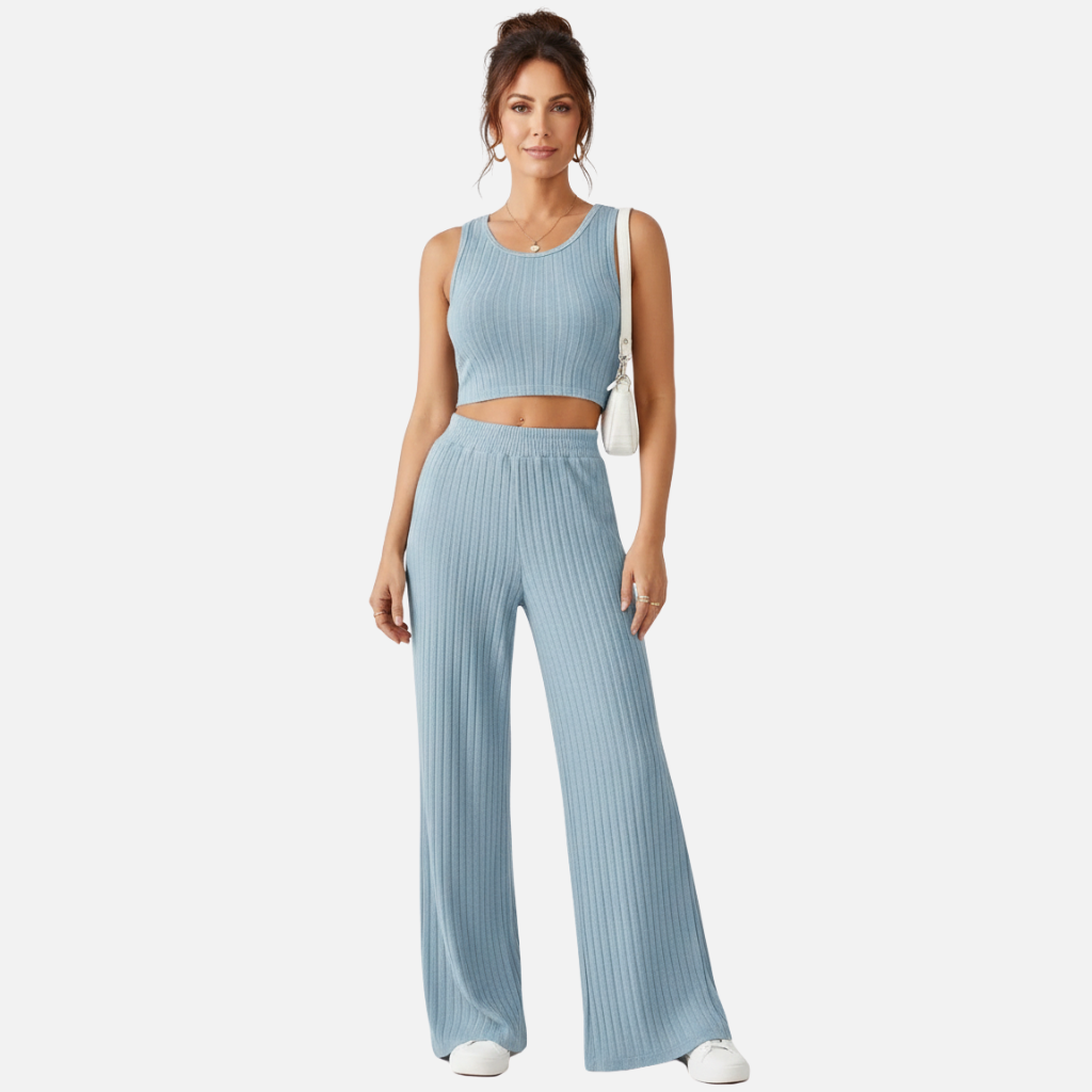 Laurior | Ensemble gilet en maille et pantalon taille haute pour femme