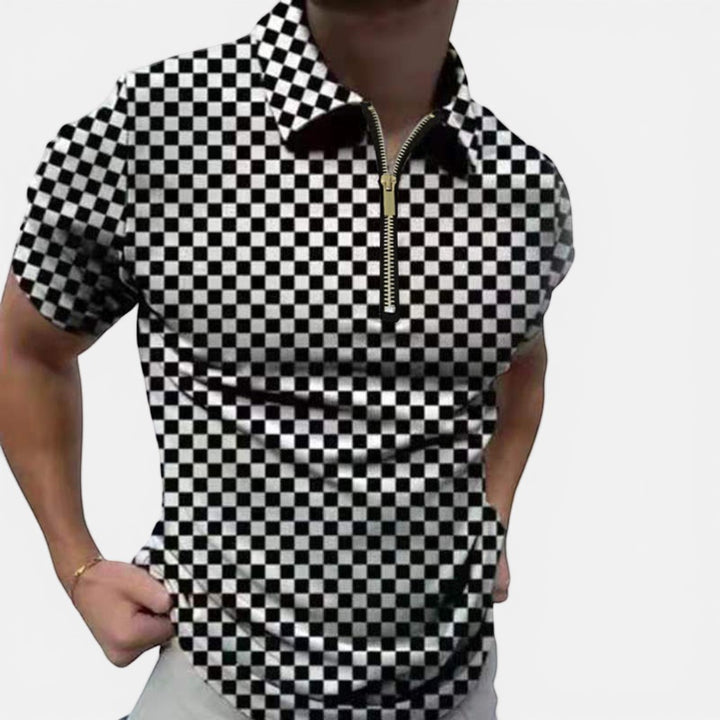 Laurior | Polo pour homme en coton piqué confort classique à manches courtes, motif à carreaux noir et blanc.