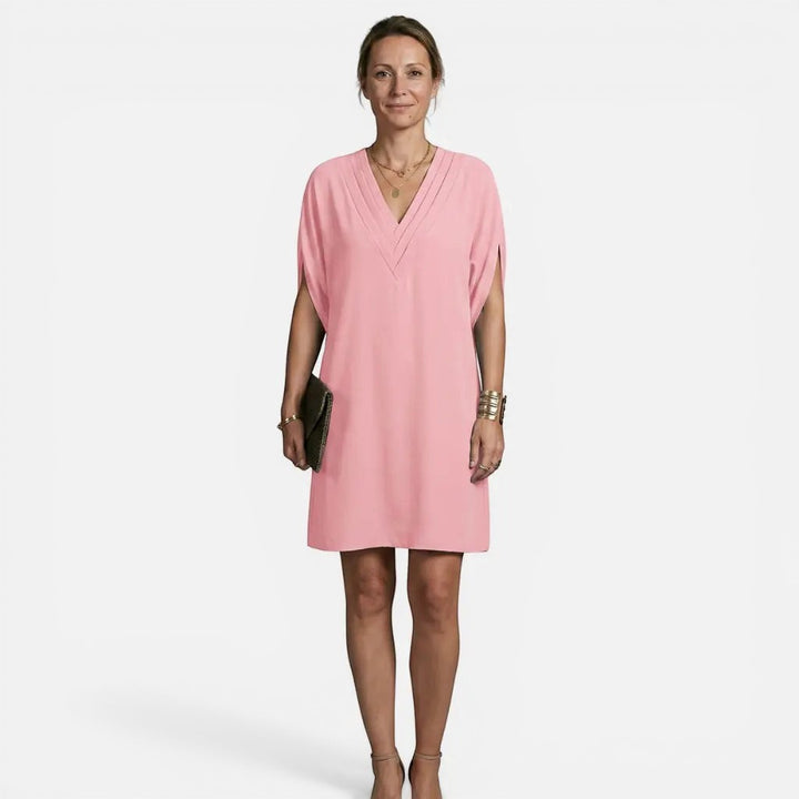 Laurior | Robe midi plissée élégante à col en V pour femme, robe rose à encolure en V et manches chauve-souris.