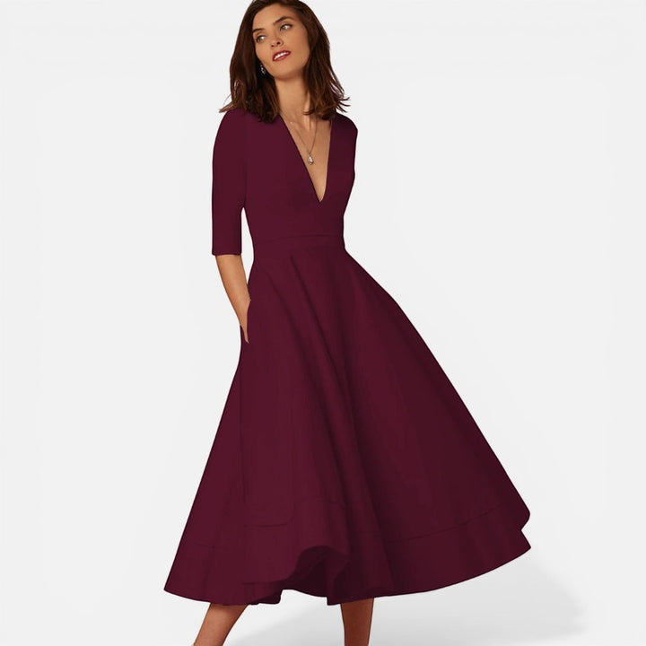 Laurior | Robe midi classique femme à col en V, légère et confortable, en couleur bordeaux.