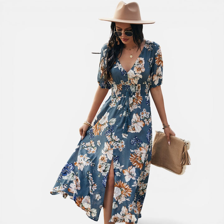 Laurior | Robe d'été légère pour femme, idéale pour les vacances, avec un design floral et un col en V.
