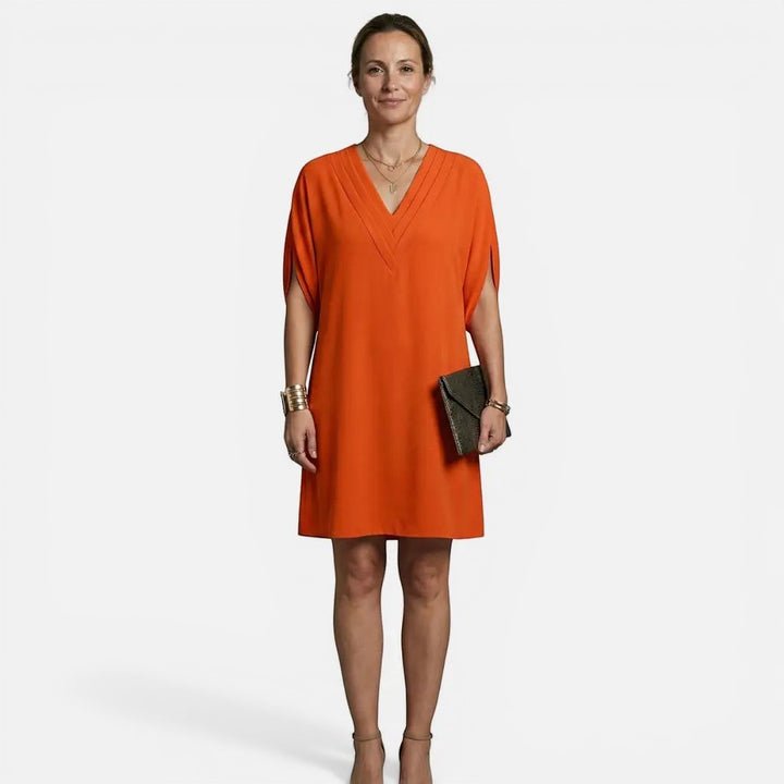 Laurior | Robe midi plissée élégante à col en V pour femme, modèle orange avec des manches chauve-souris.