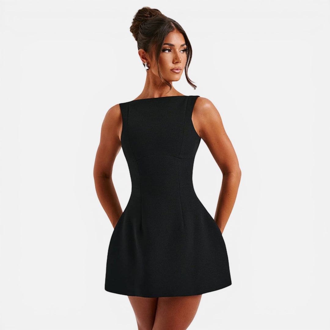Laurior | Robe Mini Ajustée Sans Manches pour Femme, robe noire sans manches avec taille haute et coupe ajustée.