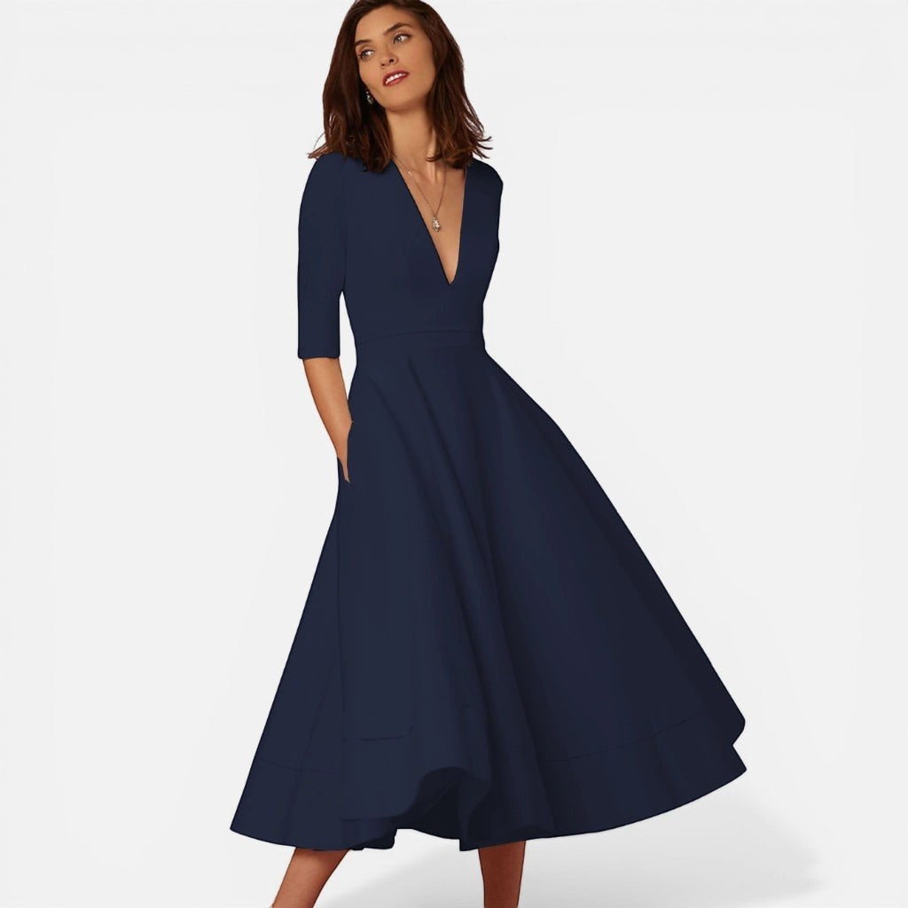 Laurior | Robe midi classique femme à col en V, légère et confortable, silhouette évasée en bleu marine.