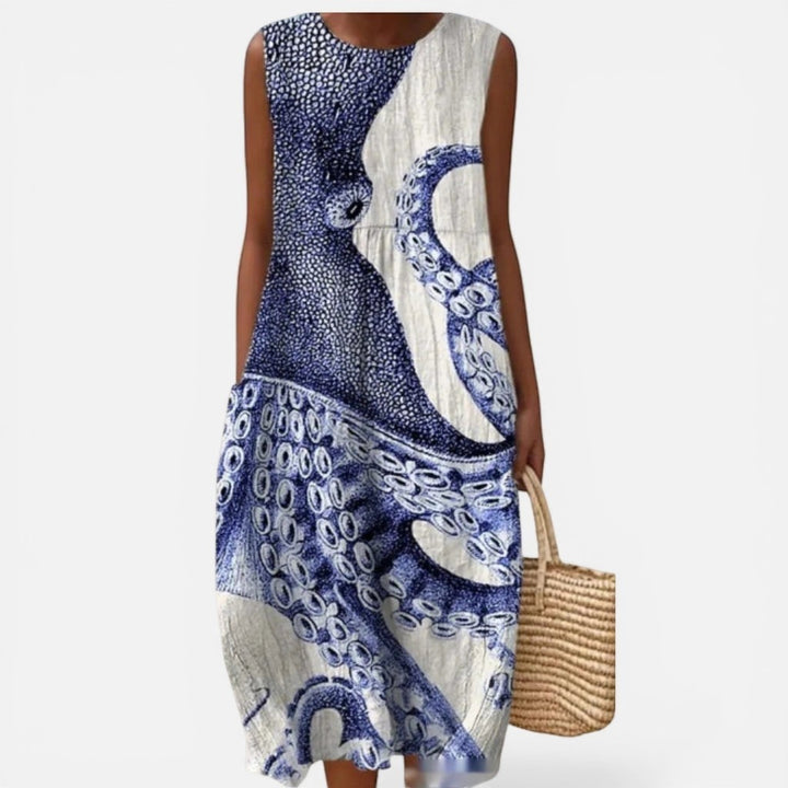 Laurior | Robe sans manches intemporelle avec taille plissée – Confort optimal en motif poulpe bleu.