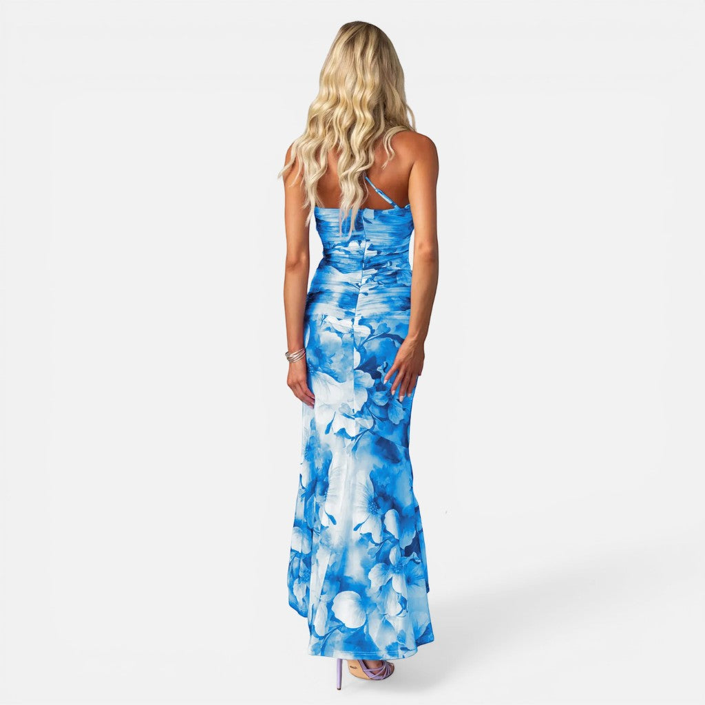 Laurior | Robe Maxi Élégante d’Été Femme à Une Épaule Coupe Ajustée, vue arrière d'une robe fluide à imprimé floral.