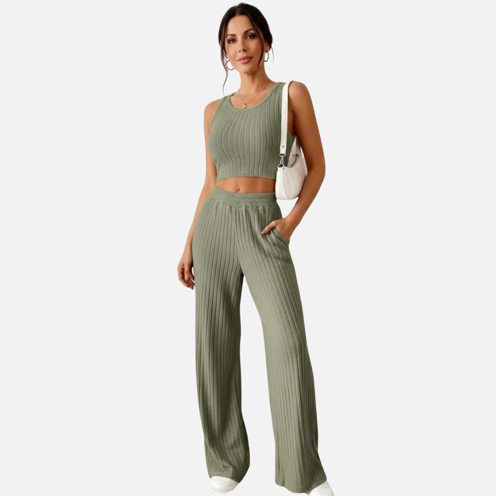 Laurior | Ensemble gilet en maille et pantalon taille haute pour femme