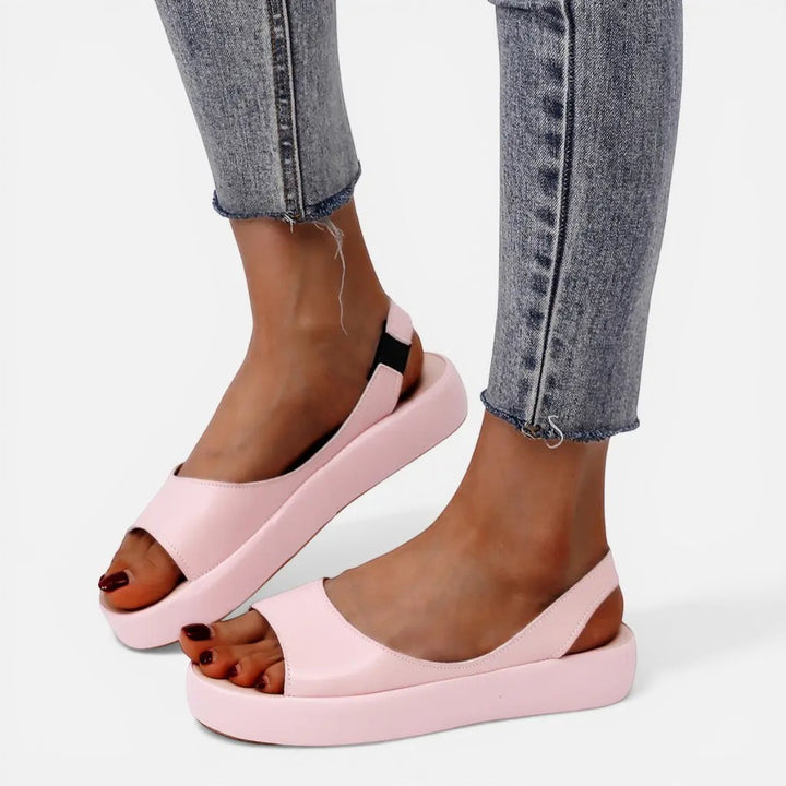 Laurior | Sandales ouvertes en cuir pour femmes avec bride arrière, style décontracté et élégant, confort léger, couleur rose.