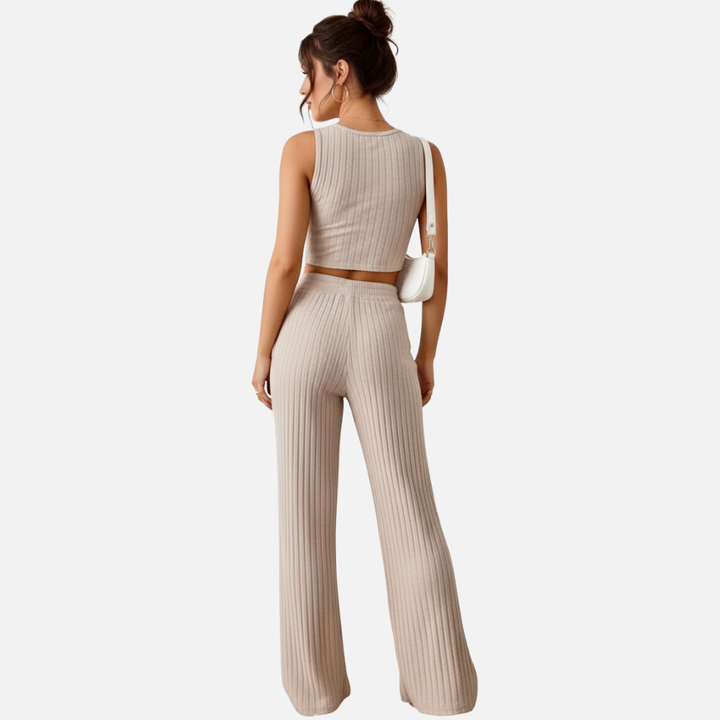 Laurior | Ensemble gilet en maille et pantalon taille haute pour femme