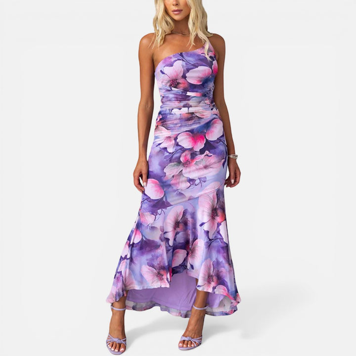 Laurior | Robe Maxi Élégante d’Été Femme à Une Épaule Coupe Ajustée avec imprimé floral en violet.