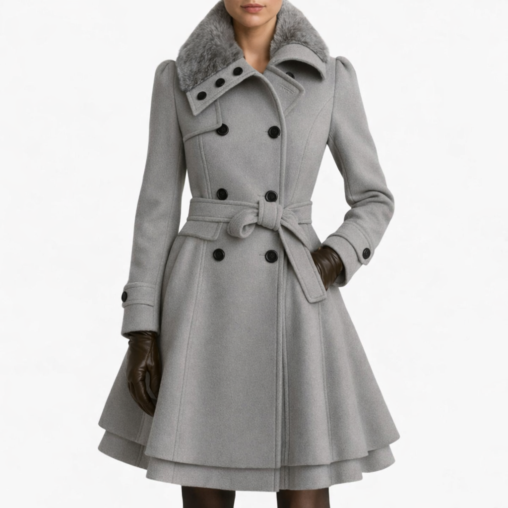 Laurior | Manteau en laine pour femme avec ceinture et col en fourrure