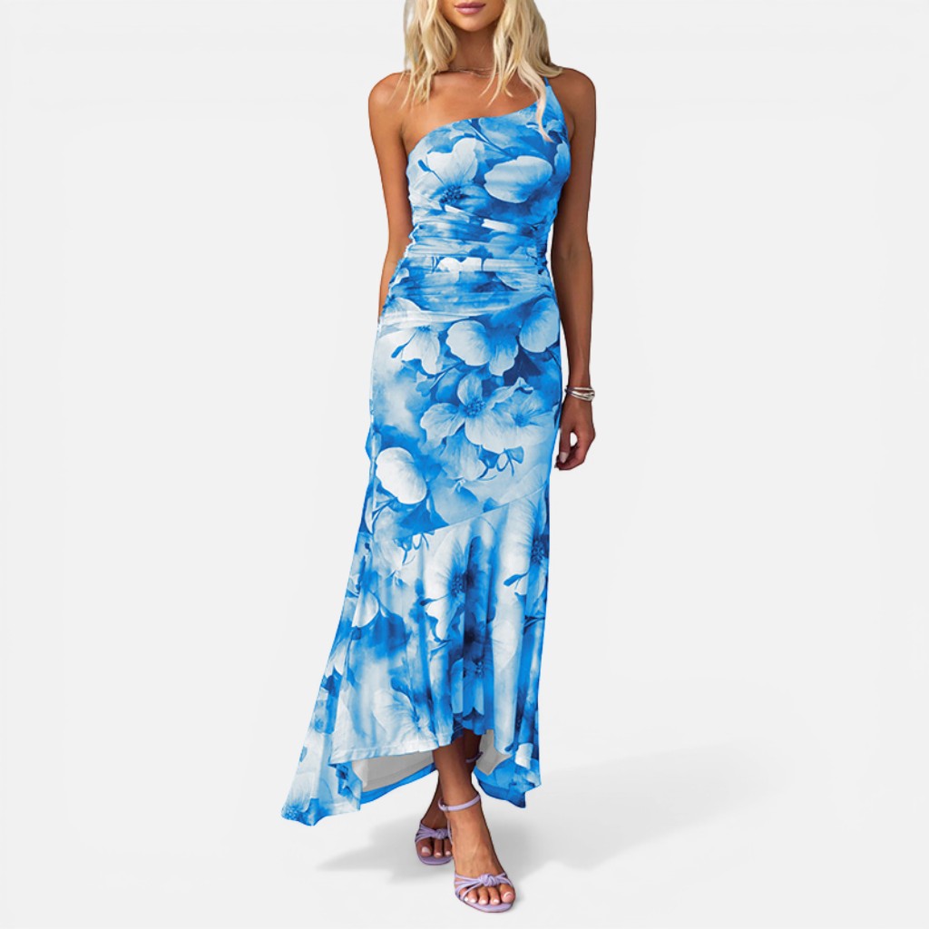 Laurior | Robe Maxi Élégante d’Été Femme à Une Épaule Coupe Ajustée, robe bleu à imprimé floral, coupe ajustée.