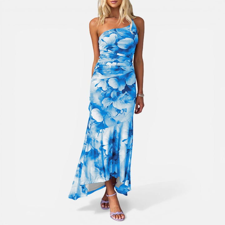 Laurior | Robe Maxi Élégante d’Été Femme à Une Épaule Coupe Ajustée, robe bleu à imprimé floral, coupe ajustée.