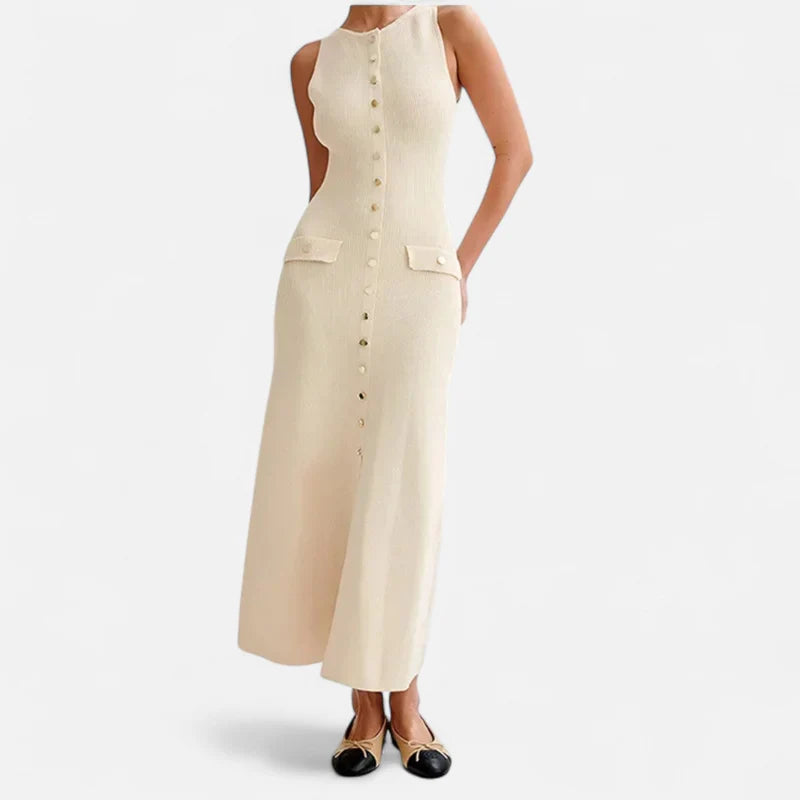 Laurior | Robe Longue en Maille à Boutons pour Femme – Élégance d’Été Sans Manches, robe légère et élégante avec boutons.