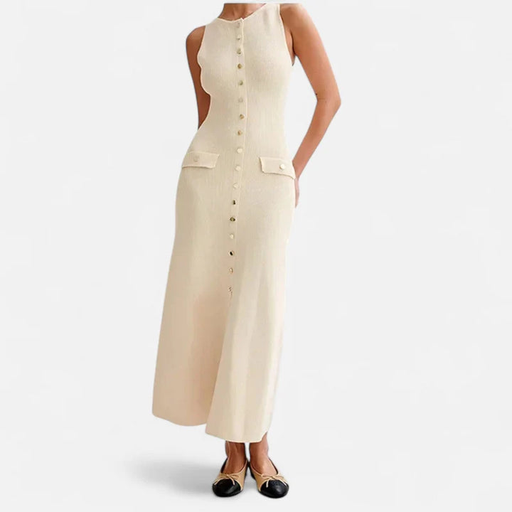 Laurior | Robe Longue en Maille à Boutons pour Femme – Élégance d’Été Sans Manches, robe légère et élégante avec boutons.