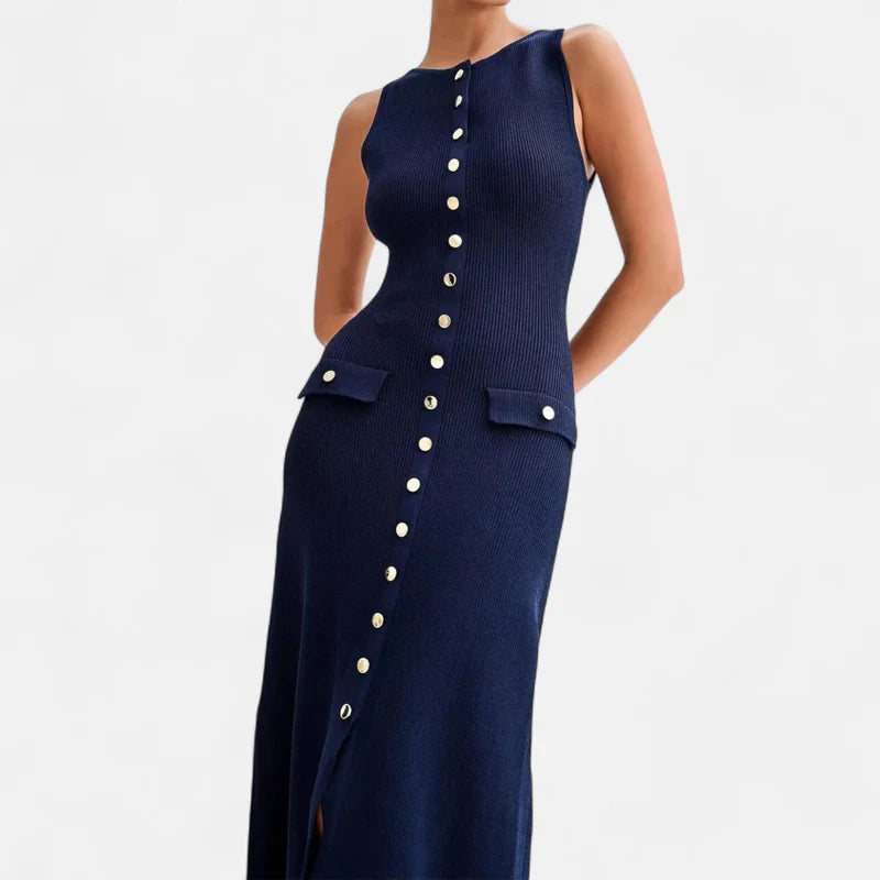 Laurior | Robe Longue en Maille à Boutons pour Femme – Élégance d’Été Sans Manches en bleu