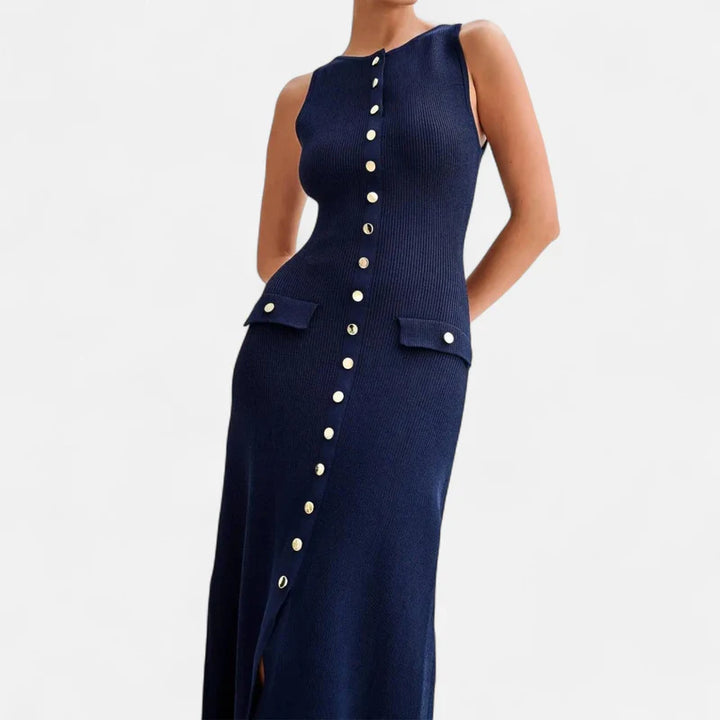 Laurior | Robe Longue en Maille à Boutons pour Femme – Élégance d’Été Sans Manches en bleu