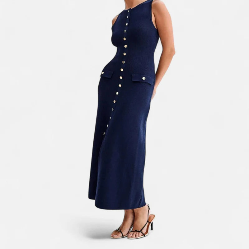 Laurior | Robe Longue en Maille à Boutons pour Femme – Élégance d’Été Sans Manches, design sans manches, boutons décoratifs.