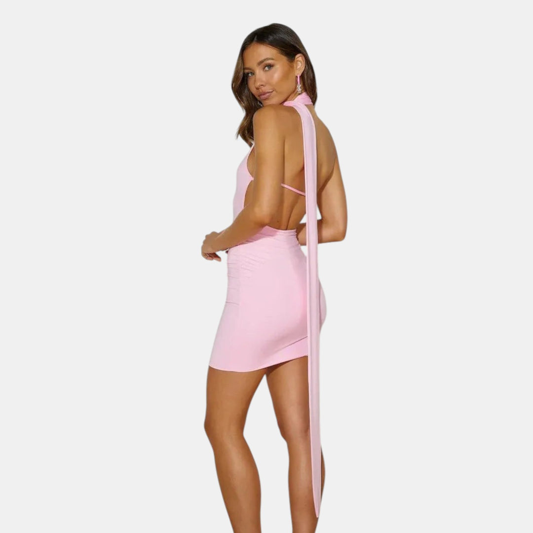 Laurior | Robe Mini à Épaule Dénudée et Col Halter vue arrière en rose avec un design élégant.