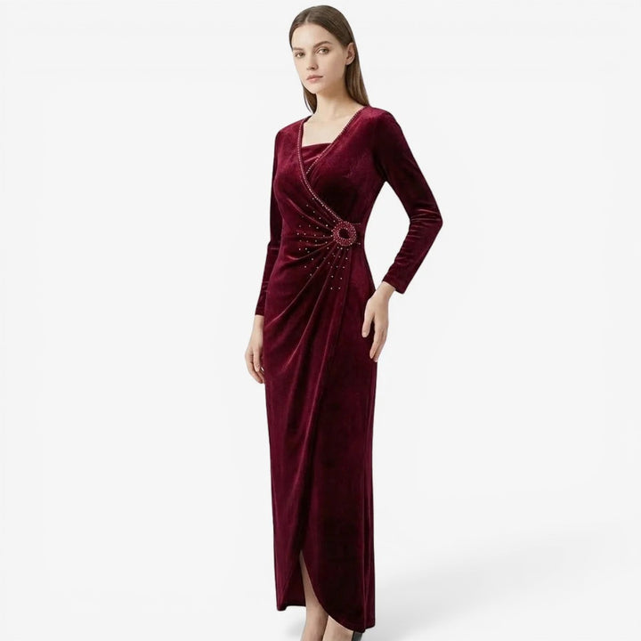 Laurior | Robe Drapée en Velours pour Femme – Coupe Élégante pour Occasions Spéciales en bordeaux