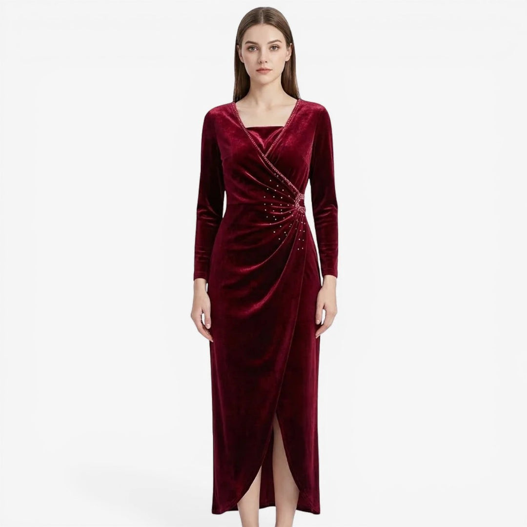Laurior | Robe Drapée en Velours pour Femme – Coupe Élégante pour Occasions Spéciales - Velours Rouge avec Détails Éclatants