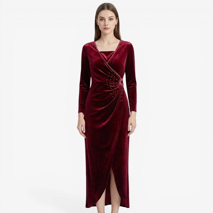 Laurior | Robe Drapée en Velours pour Femme – Coupe Élégante pour Occasions Spéciales - Velours Rouge avec Détails Éclatants