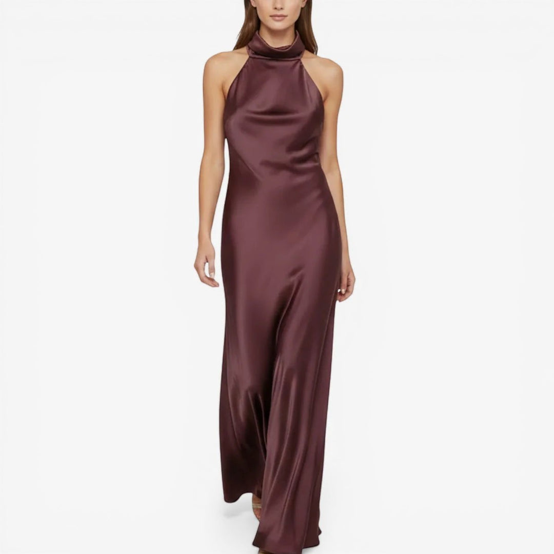 Laurior | Robe longue en satin pour femme, dos nu, confort et élégance, élégante robe en satin bordeaux.