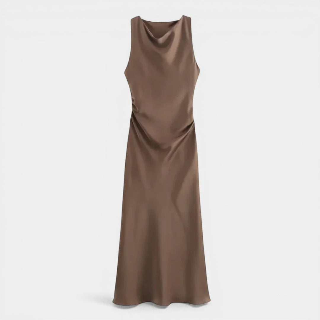 Laurior | Robe de soirée femme – Style slip midi intemporel en satin élégant, couleur brun.