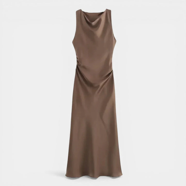Laurior | Robe de soirée femme – Style slip midi intemporel en satin élégant, couleur brun.