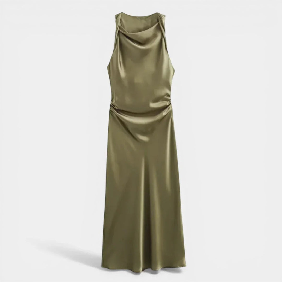 Laurior | Robe de soirée femme – Style slip midi intemporel en satin olive, élégante et confortable.