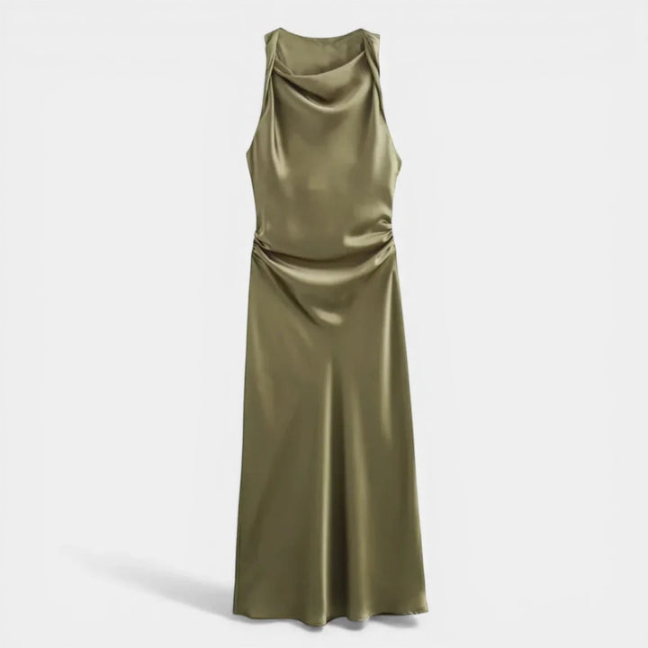 Laurior | Robe de soirée femme – Style slip midi intemporel en satin olive, élégante et confortable.