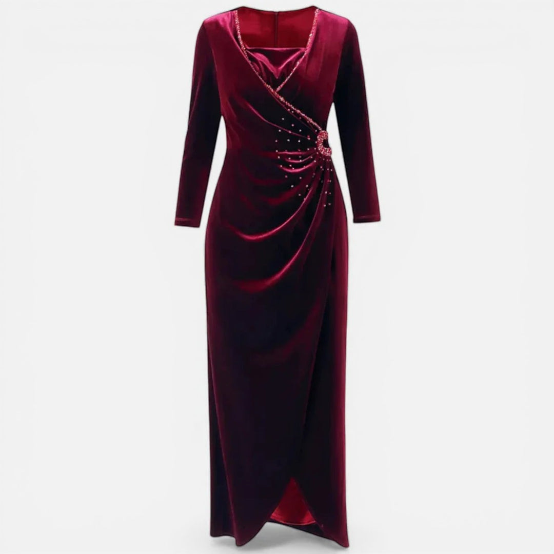 Laurior | Robe Drapée en Velours pour Femme – Coupe Élégante pour Occasions Spéciales en velours bordeaux.