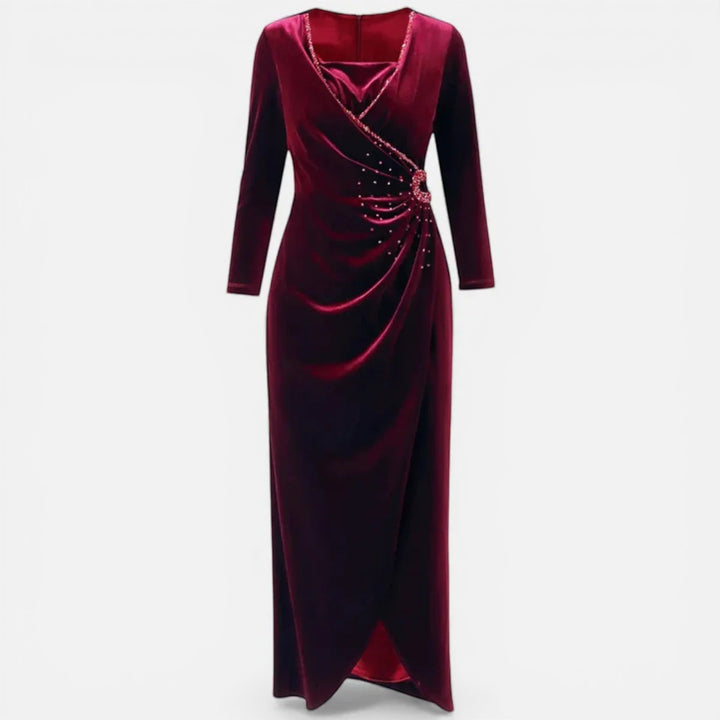 Laurior | Robe Drapée en Velours pour Femme – Coupe Élégante pour Occasions Spéciales en velours bordeaux.