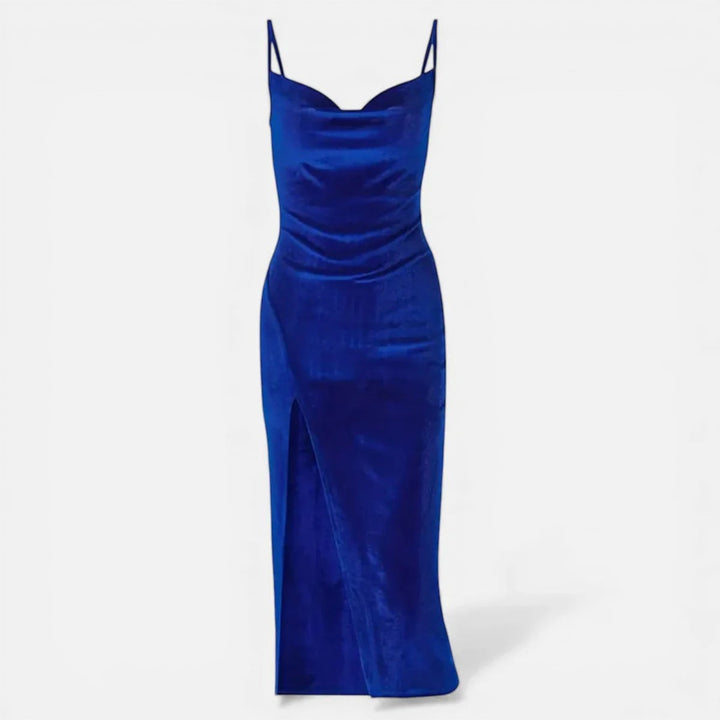 Laurior | Robe de soirée pour femme, ajustée, luxe, fines bretelles en satin bleu