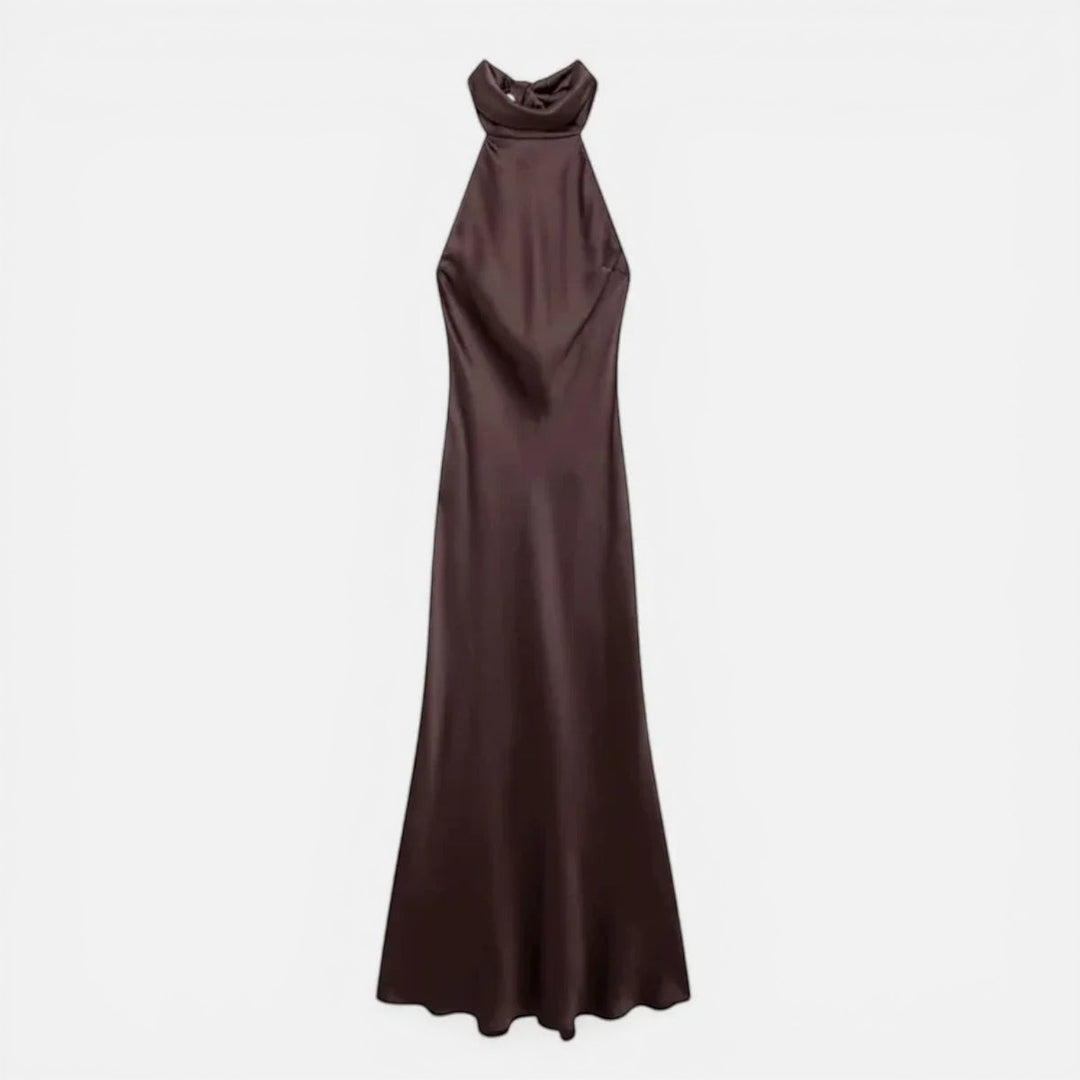 Laurior | Robe longue en satin pour femme, dos nu, confort et élégance - Robe satinée marron élégante.