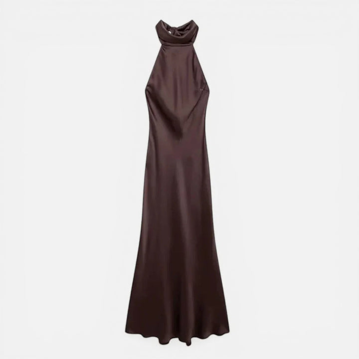 Laurior | Robe longue en satin pour femme, dos nu, confort et élégance - Robe satinée marron élégante.