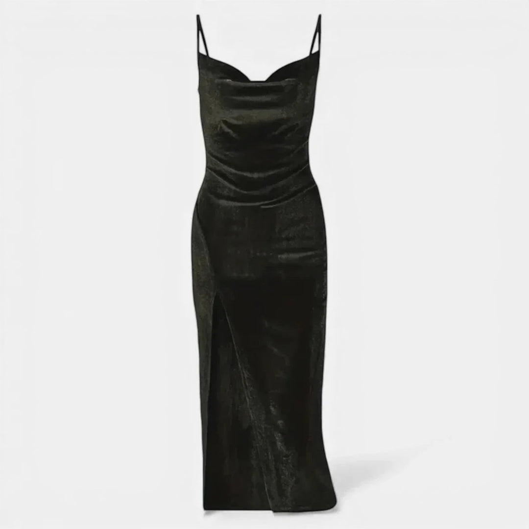 Laurior | Robe de soirée pour femme, ajustée, luxe, fines bretelles - robe noire élégante à bretelles.