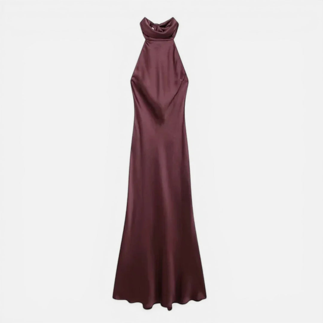Laurior | Robe longue en satin pour femme, dos nu, confort et élégance - Robe satinée élégante en bordeaux.