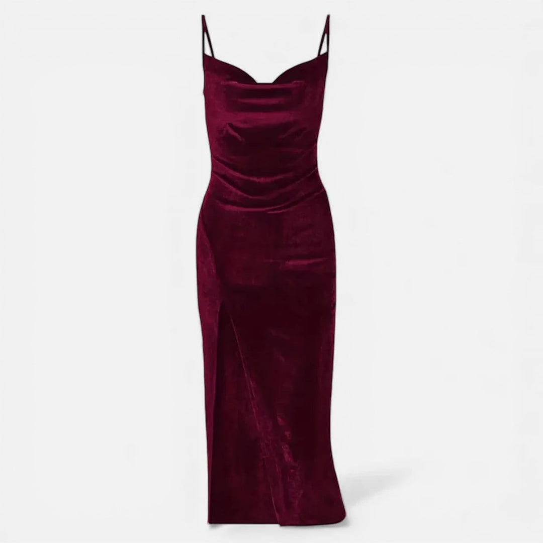 Laurior | Robe de soirée pour femme, ajustée, luxe, fines bretelles en velours bordeaux.